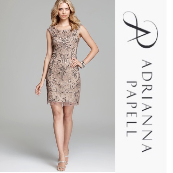 Adrianna Papell beaded nude mesh sheath dress - Picture 1 of 10